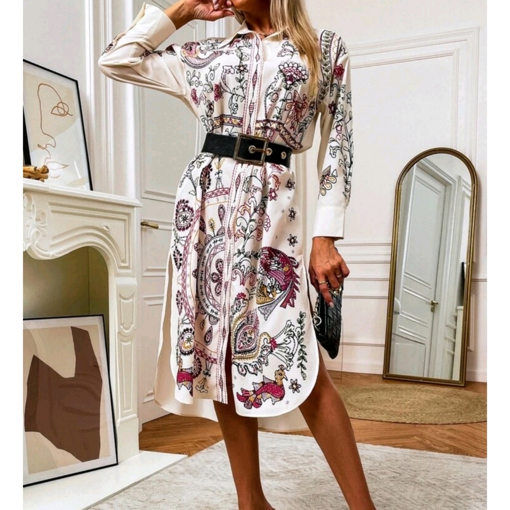 Boho Button Front Floral Print Split Hem Shirt Dr… - image 6